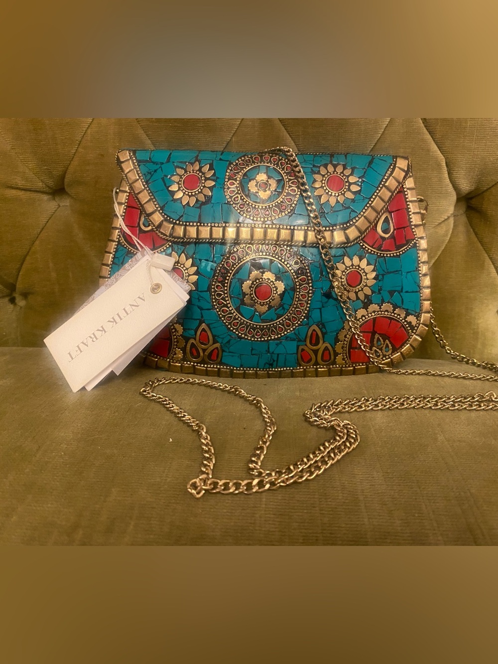 Antik Kraft Metal & Mosaic Clutch/Crossbody in Turquoise & Red with gold chain